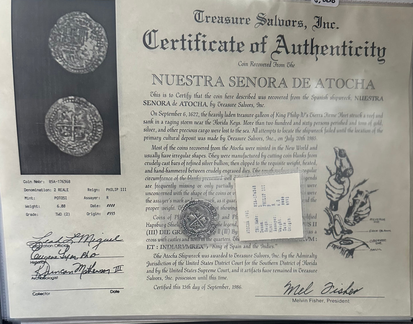 Grade 1, 2 Reale Atocha w/Original Fisher Cert & Tag