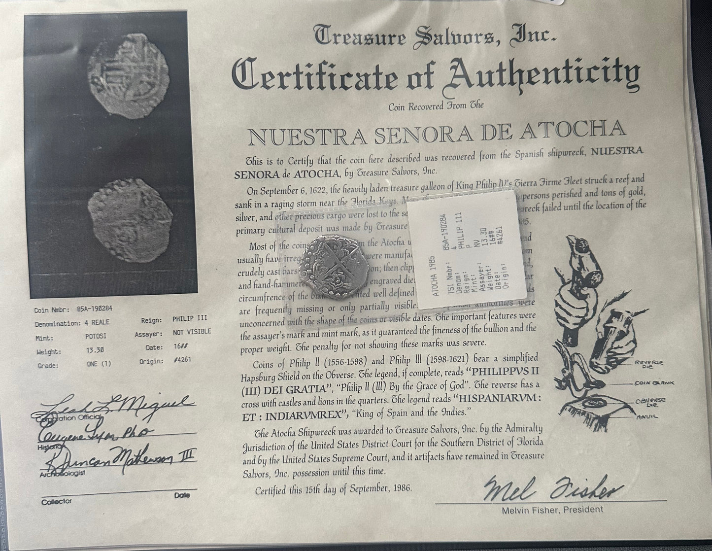 Grade 1, 4 Reale, Atocha w/ Original Fisher Cert & Tag Partial Date 16xx