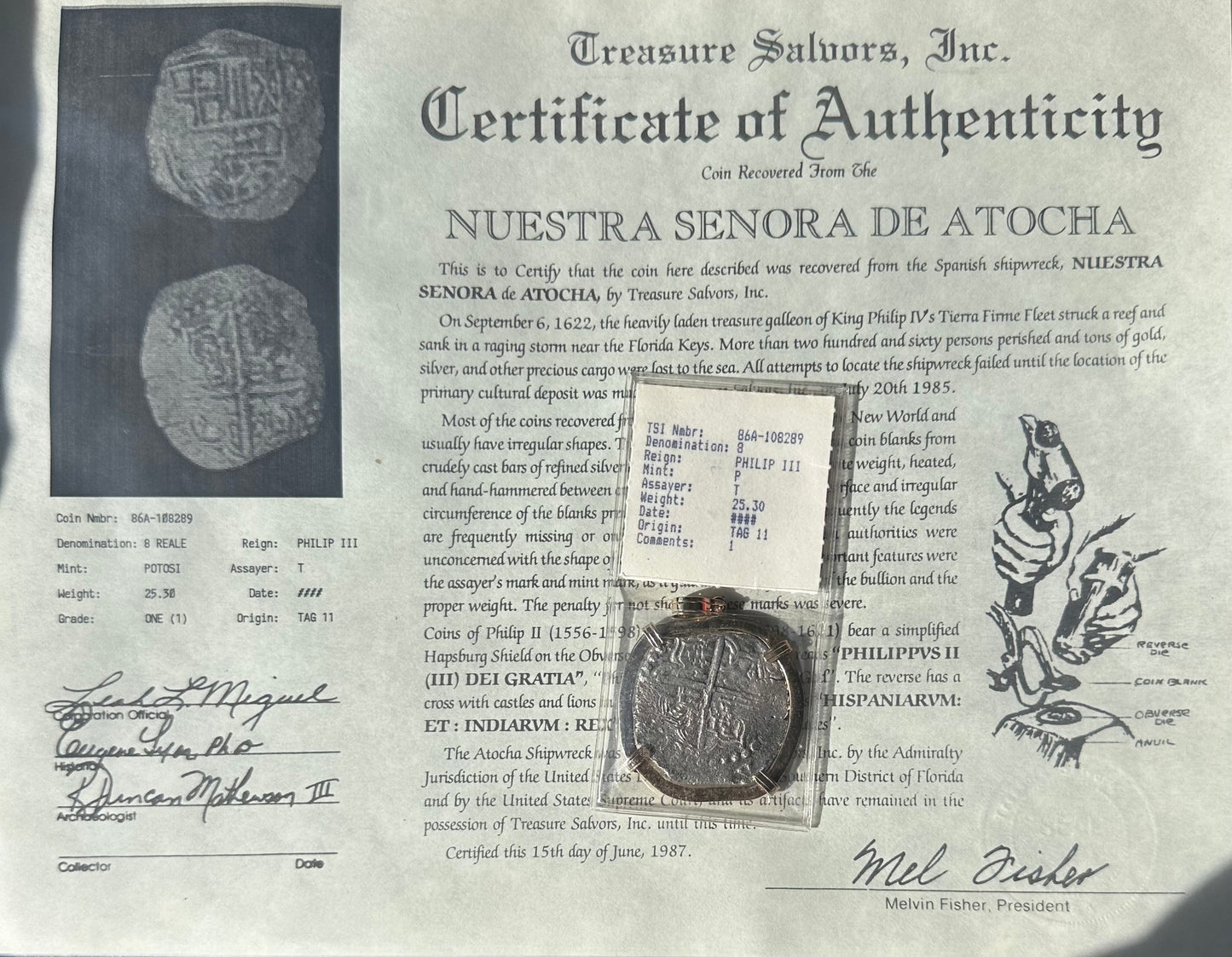 Grade 1, 8 Reale, Atocha Original Fisher Cert and Tag